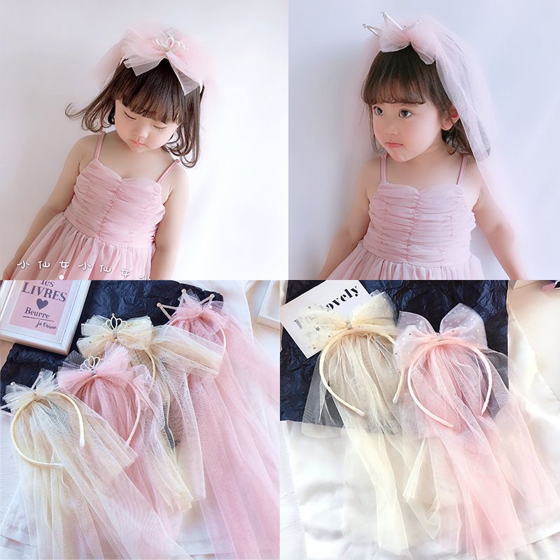 唯美蝴蝶結網紗髮箍-亮片網紗-粉色