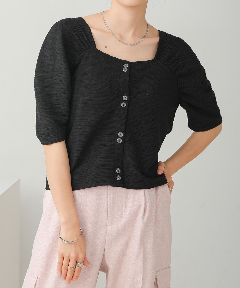 日本 Bab - 2WAY方領排扣五分袖上衣-米杏