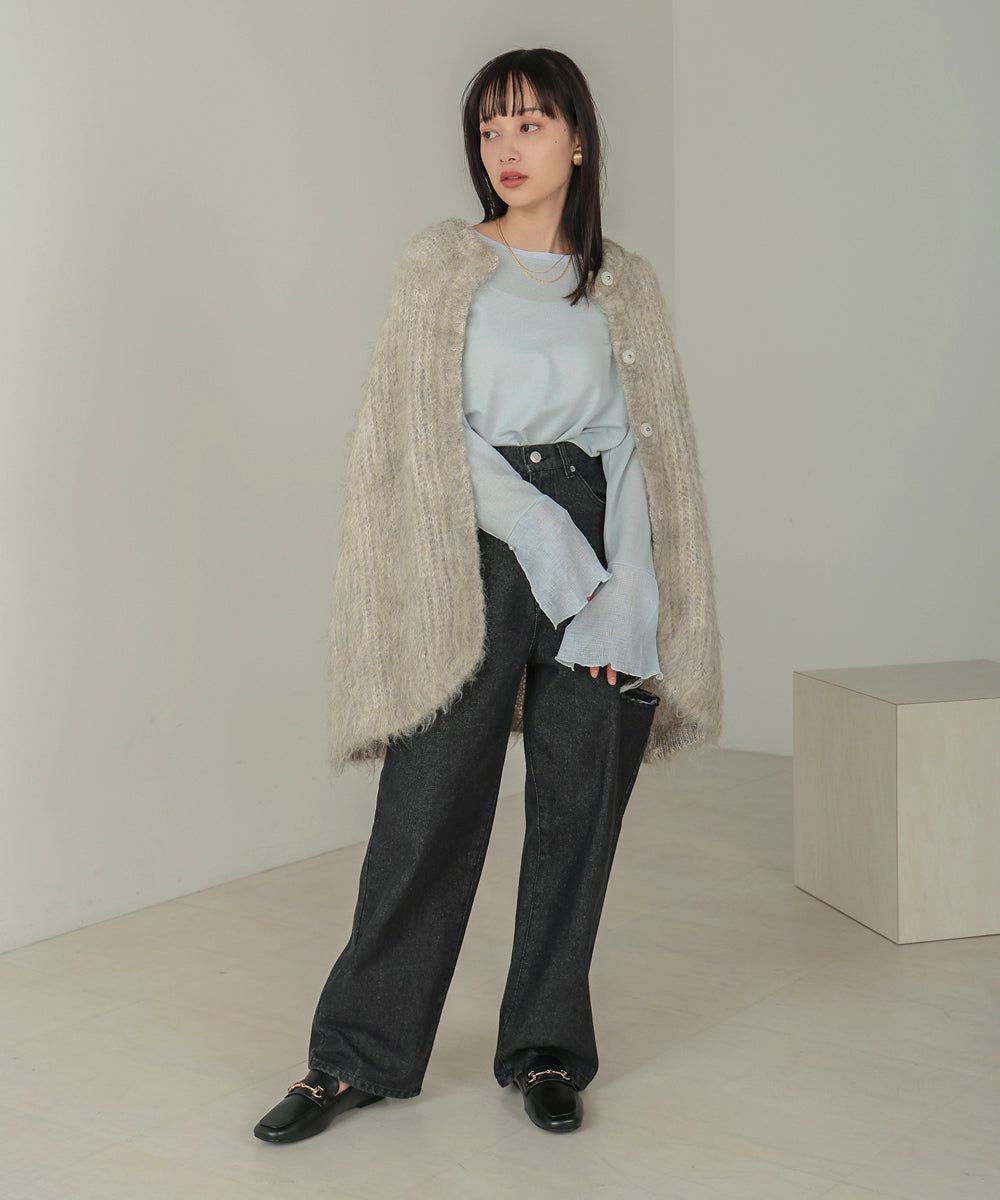 日本 Bab - 楊柳拼接珍珠薄長袖上衣-米杏