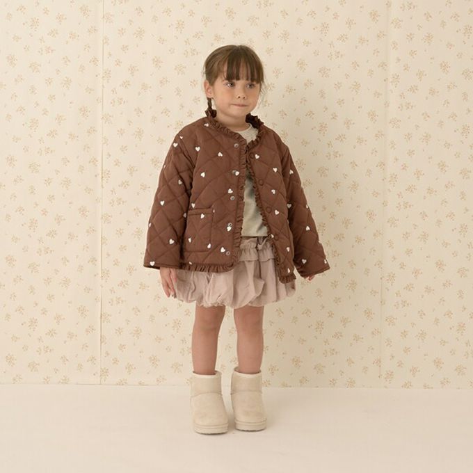 日本 Lycee mine - 滿版愛心荷葉皺褶內刷毛鋪棉外套-米白