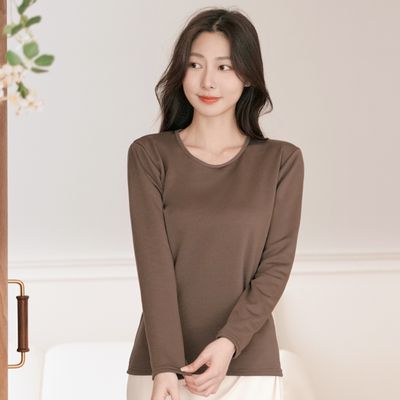 GIAT - 女款極暖刷毛保暖衣-圓領-棕咖