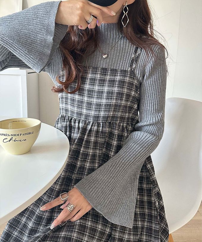 日本 Classical Elf - 學院風格紋甜美雙吊帶洋裝-深灰棕