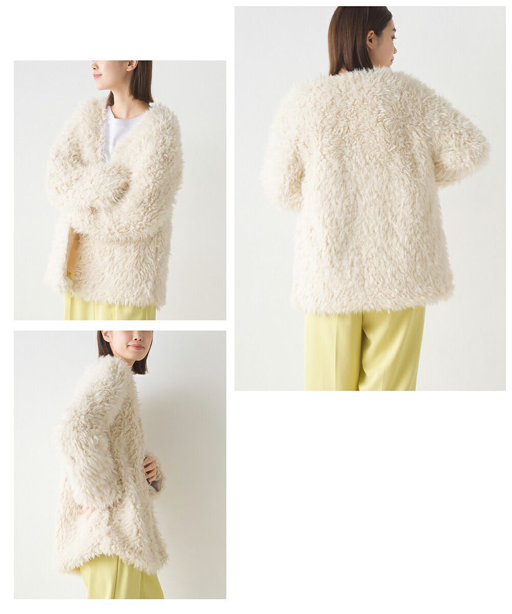 日本 OMNES - 毛茸茸開襟休閒外套-淺米