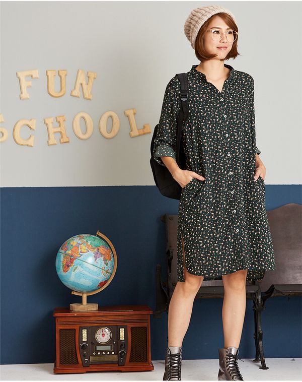 麗嬰房 Little moni - 印花長版襯衫-深綠 (F)