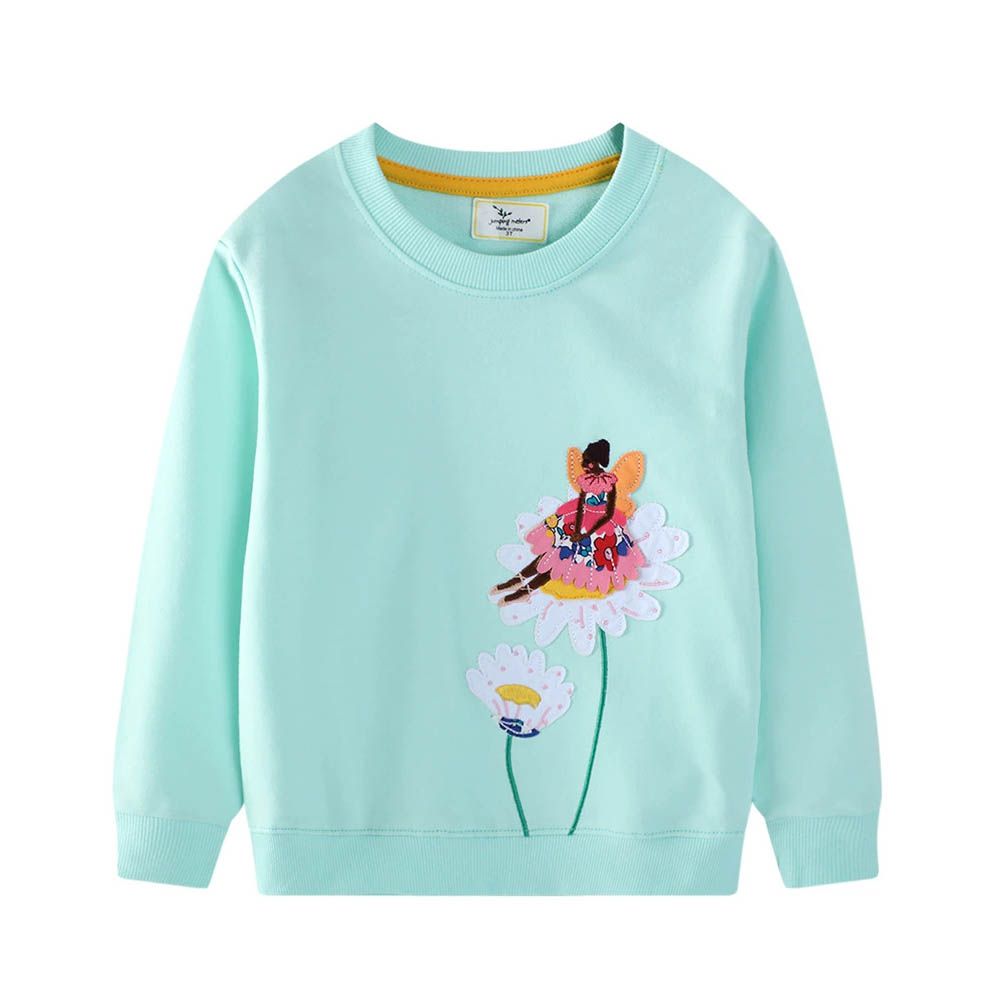 棉質圓領長袖上衣/大學T-花朵仙子-藍綠色