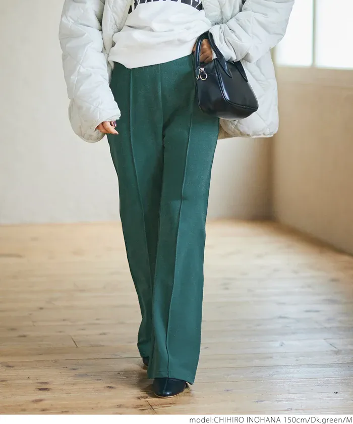 日本 COCA - 裏起毛摺線美腿微喇叭褲-黑