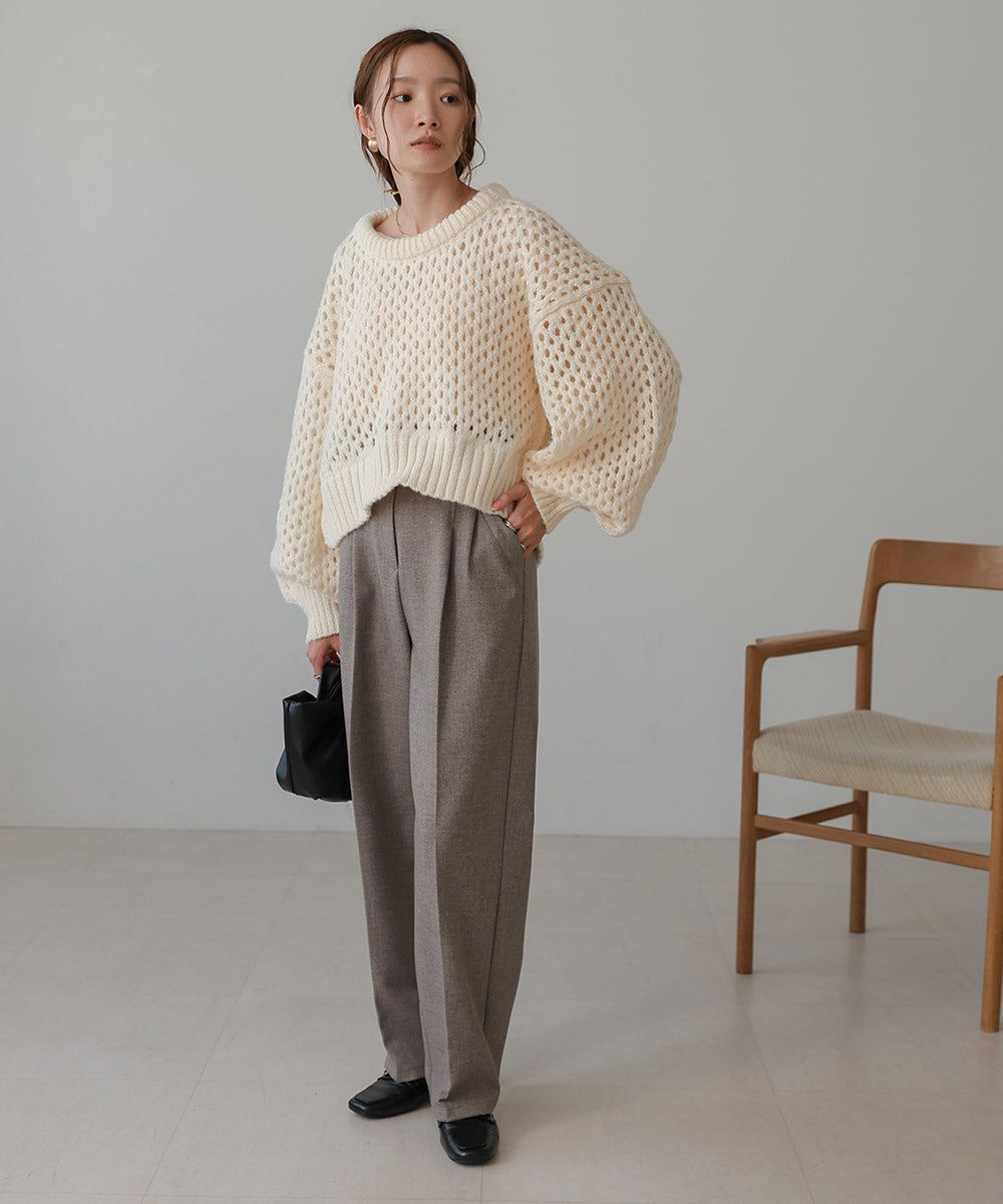 日本 Bab - 混羊毛設計感網格針織上衣-摩卡