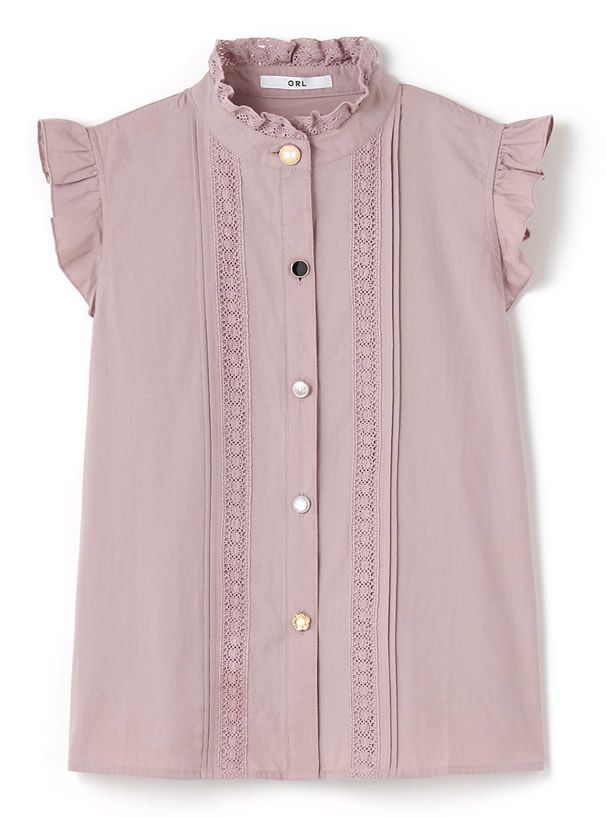 日本 GRL - 不規則排扣蕾絲小飛袖無袖襯衫-薰衣草 (M)