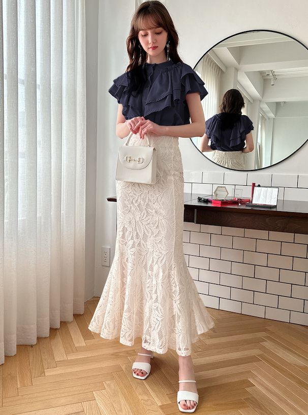 日本 GRL - 夢幻荷葉領層次短袖襯衫-深藍 (F)