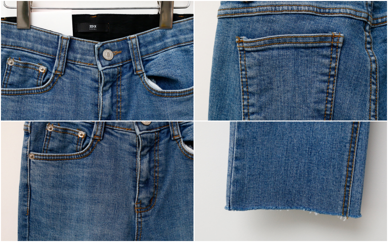 韓國 ENVYLOOK - 超彈力收腰鬆緊刷白窄管牛仔褲-深藍