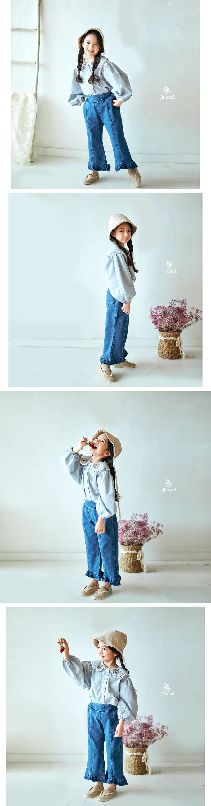 韓國 Jmsnail - 草莓刺繡領點綴澎澎袖襯衫-藍