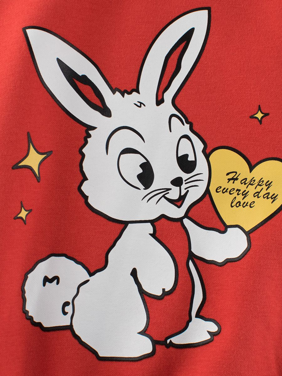 加絨圓領長袖上衣/大學T-愛心兔子-紅色