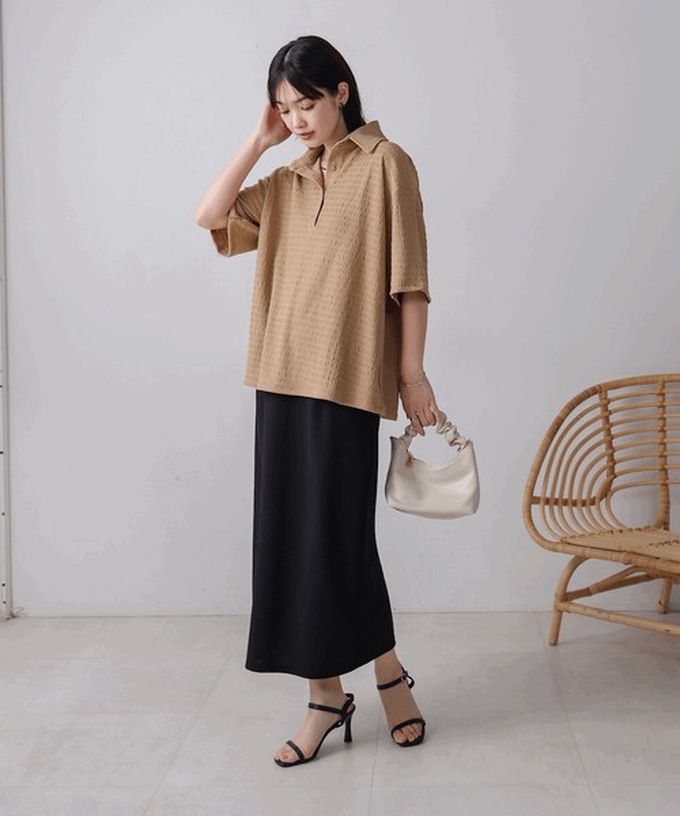 日本 Bab - 精緻紋理都會感五分袖上衣-淺棕