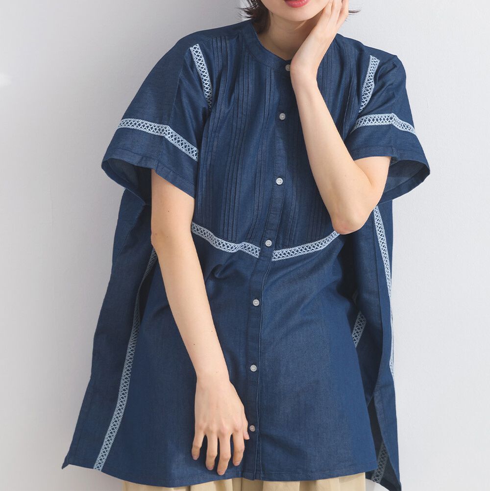 印度棉 輕盈丹寧布方領短袖襯衫-靛藍