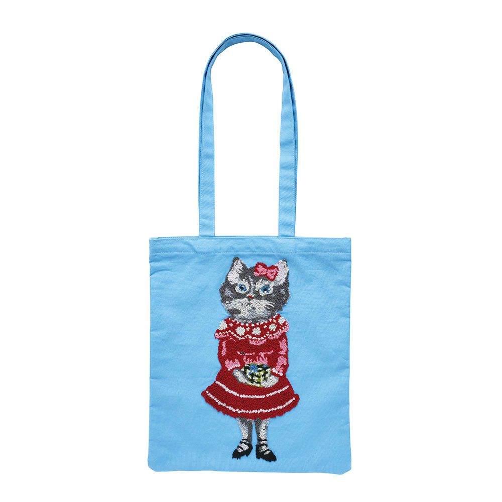 貓咪立體刺繡肩背托特包-水藍