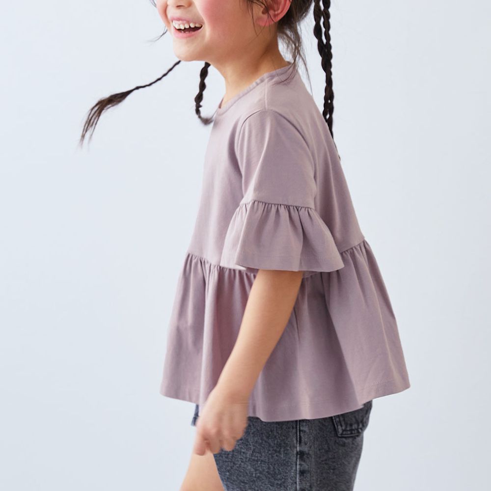 寬鬆圓領荷葉五分袖上衣-薰衣草