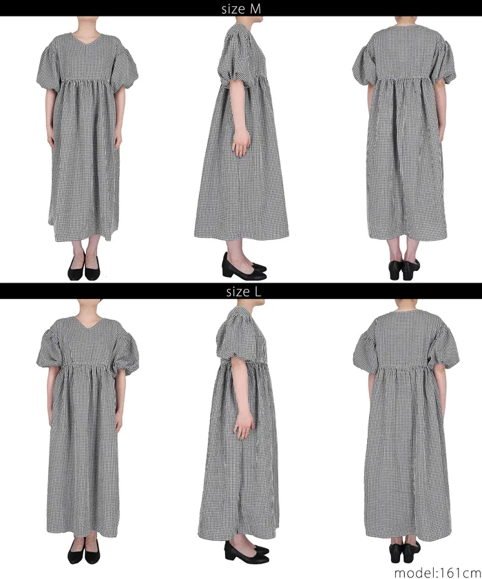 日本 COCA - V領收腰五分泡泡袖洋裝-格紋-黑