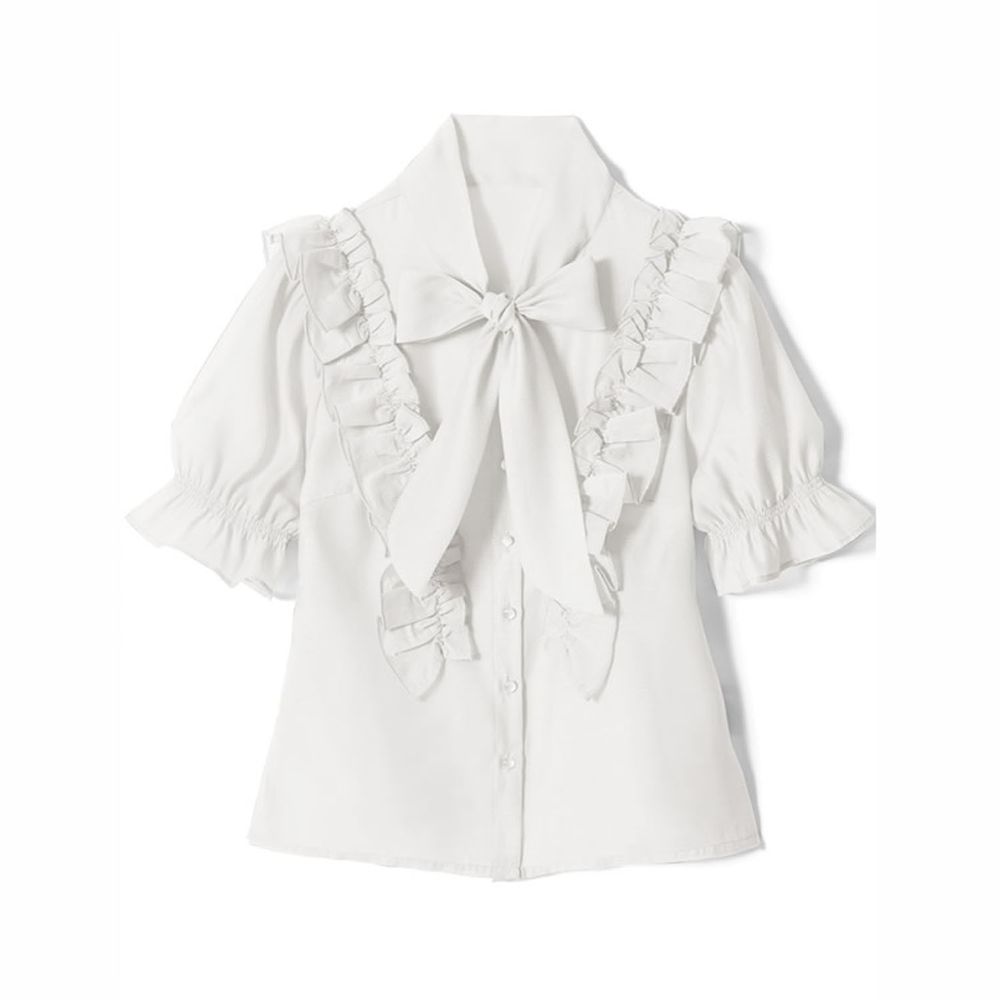 日本 GRL - 純棉優雅荷葉邊蝴蝶結綁帶短袖襯衫-天使白
