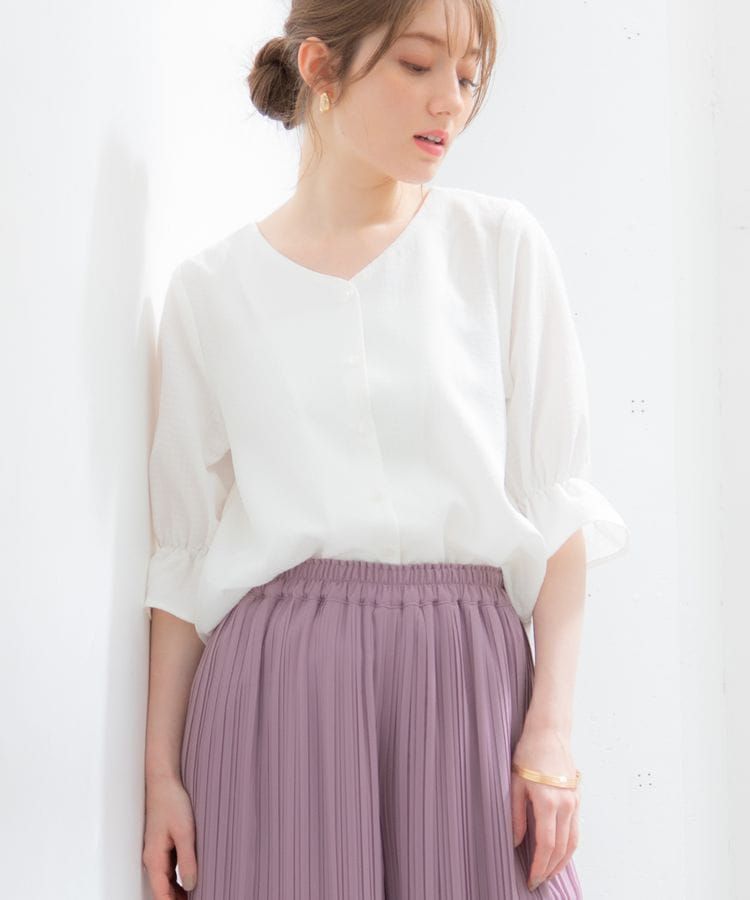 日本 Honeys - V領糖果袖七分袖襯衫上衣-格紋-黑