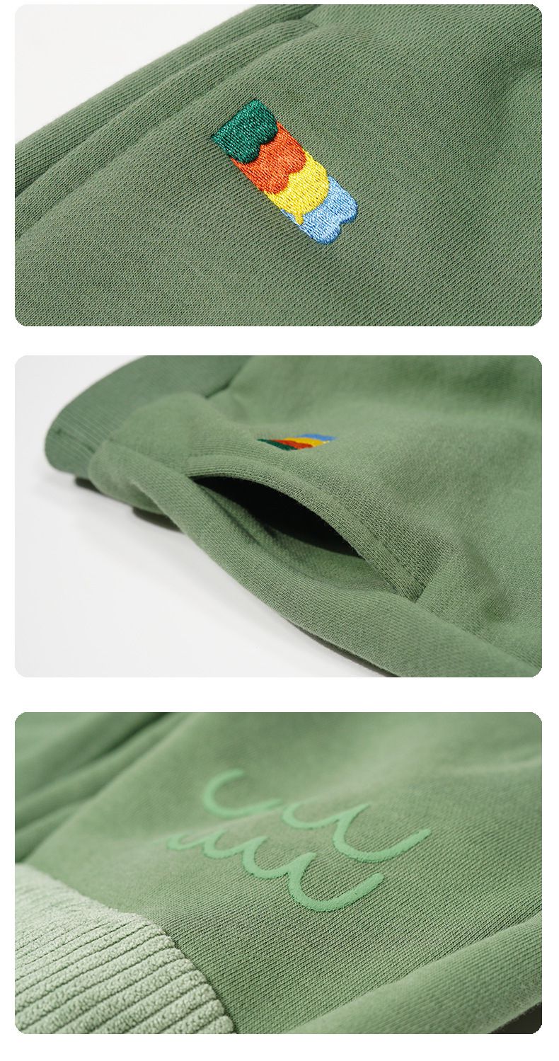 Minizone - 加絨拼接束口長褲-刺繡小波浪-黃色