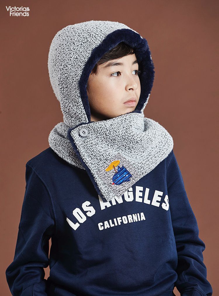 韓國 Victoria & Friends - 2way內刷毛針織圍脖帽-灰藍