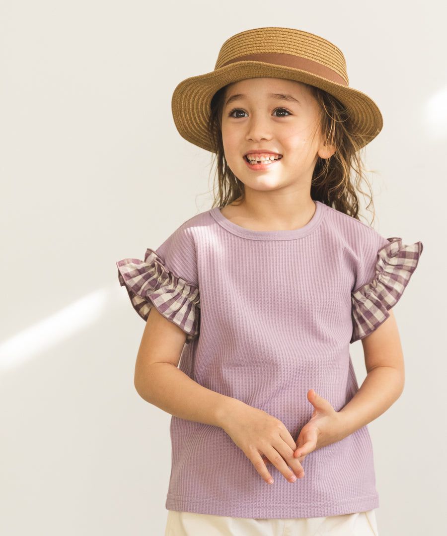 日本 PAIRMANON - 荷葉衣袖拼接鬆餅紋短T-點點-灰杏X白底點