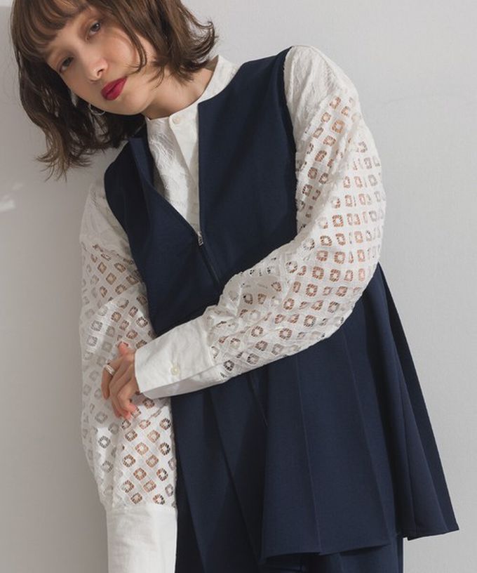 日本 ELENCARE DUE - 正式感斜紋布優雅百褶背心-灰