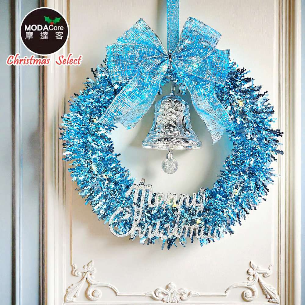 14吋夢幻土耳其藍系金蔥彎絲聖誕花圈_台灣工藝免組裝_本島免運費