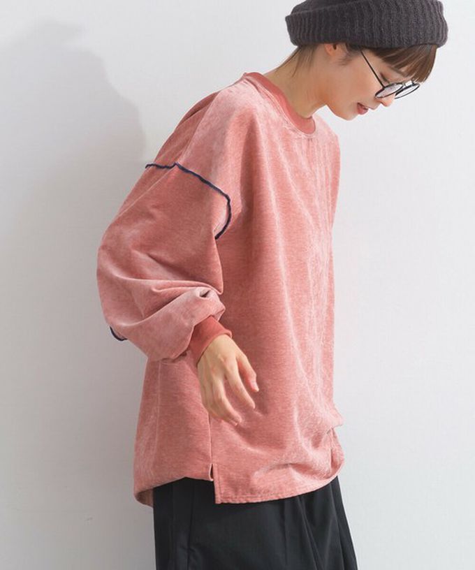 日本 Lupilien - 木耳縫線休閒絨面長袖上衣-煙燻粉