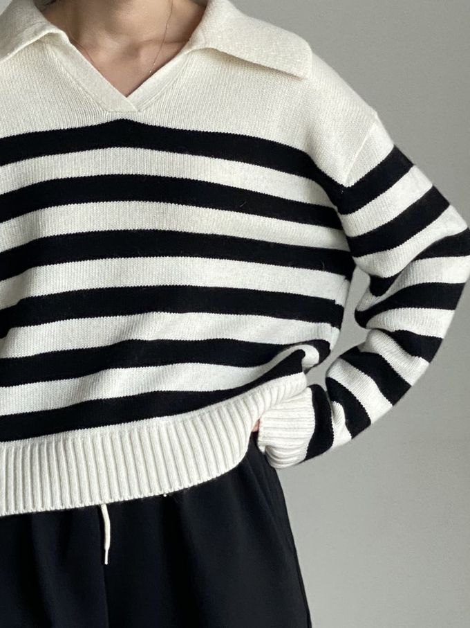 韓國女裝連線 - 精選美麗諾羊毛翻領上衣-米白底X黑條紋 (FREE)