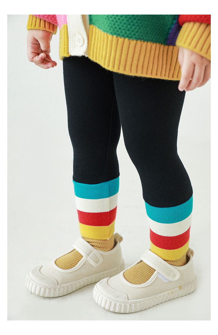 腰鬆緊羅紋束口內搭長褲-繽紛條紋-灰色