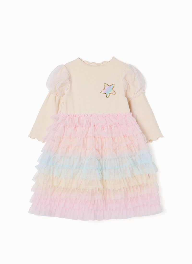 韓國 OZKIZ - 星星柔彩網紗拼接洋裝-奶油米