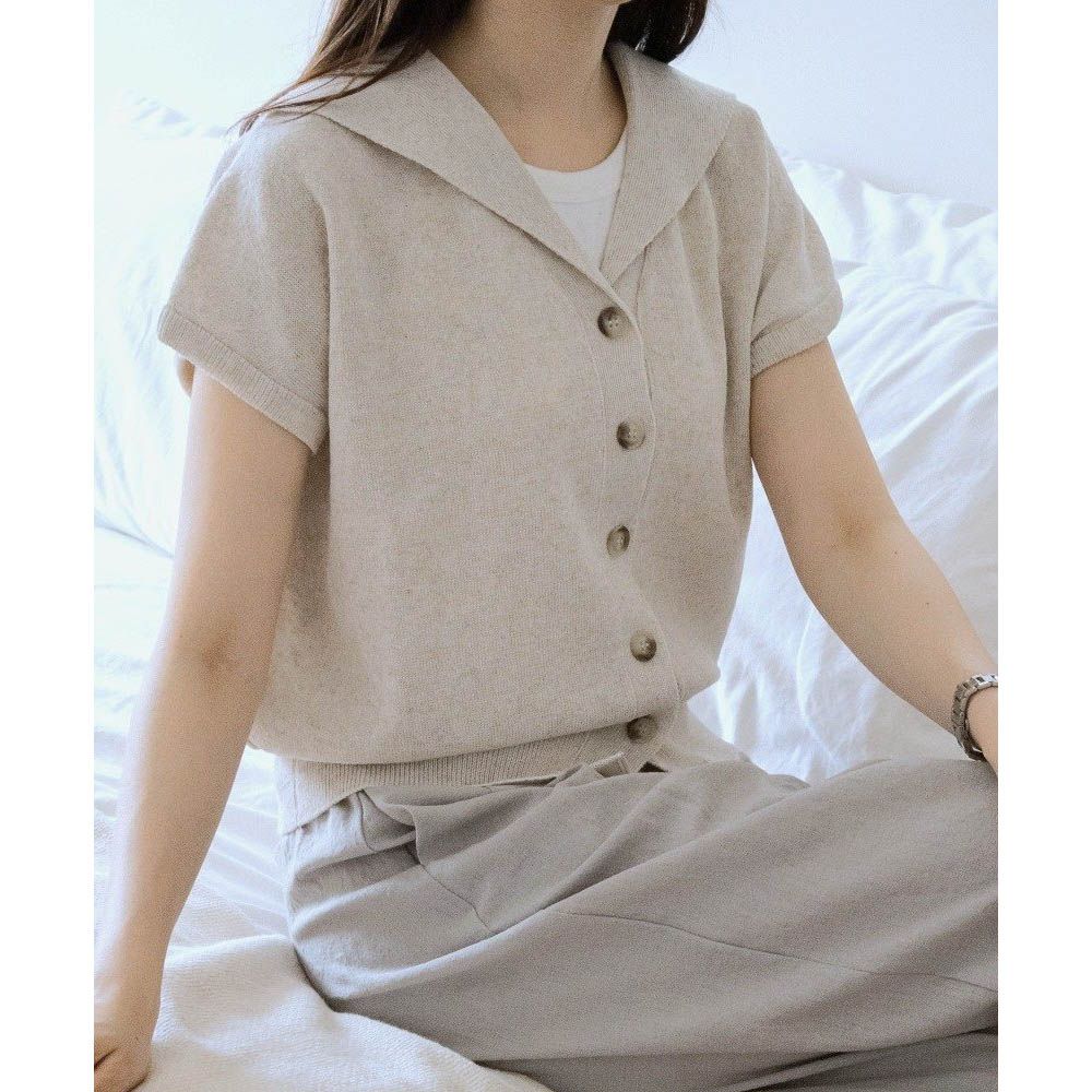 韓製 清爽棉麻排釦落肩短袖針織外套/上衣-燕麥米 (FREE)