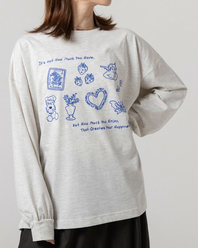 日本 gleam - 甜蜜刺繡印花休閒寬版長袖T恤-黑