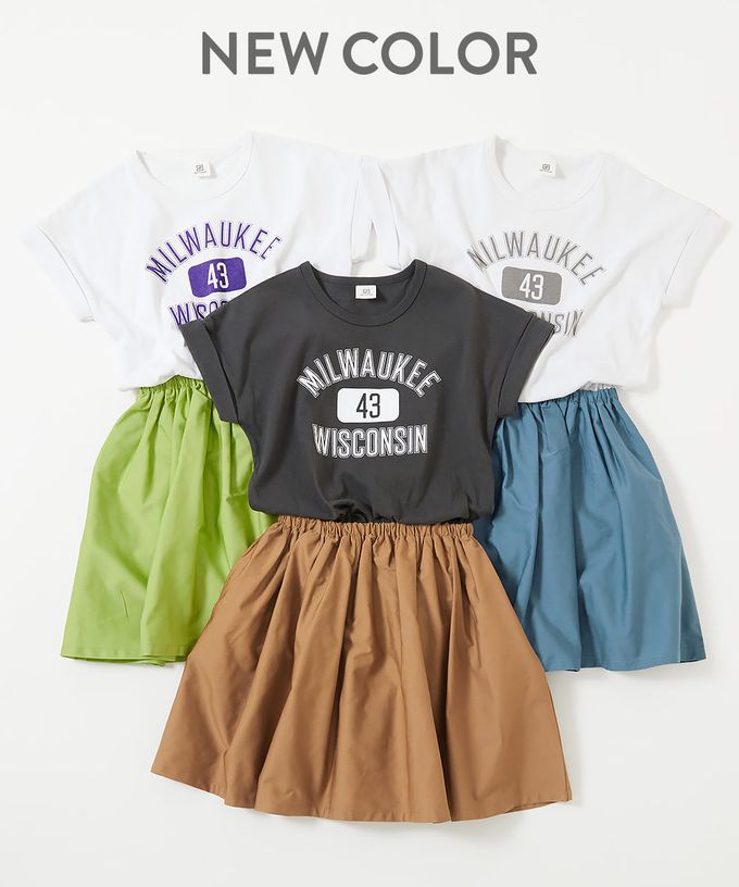 日本 devirock - 百搭印花拼接短袖洋裝-英數標語-灰白x霧藍