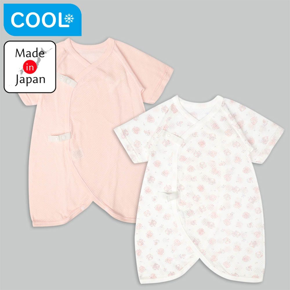 新生兒7分袖網眼蝴蝶裝2件組-動物-粉紅色 (50~60cm)-日本製