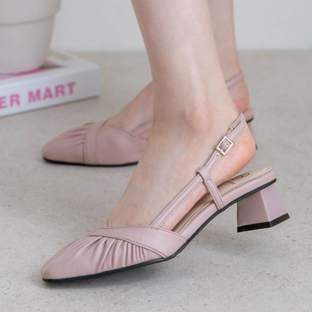 氣質抓褶皮革軟底尖頭涼鞋(5.5cm)-粉紫