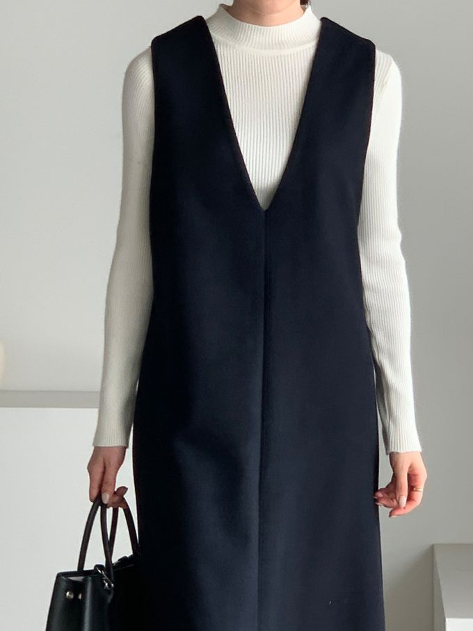 韓國女裝連線 - 簡約V字混羊毛側開連身洋裝-深藍 (FREE)