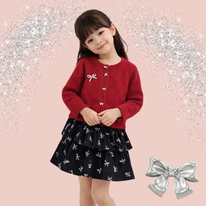 新年拜年蝴蝶結開襟毛衣蛋糕裙套裝