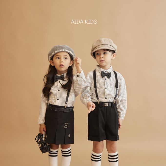 韓國 AIDA - (不含領結)簡單細格紋翻領長袖襯衫-白