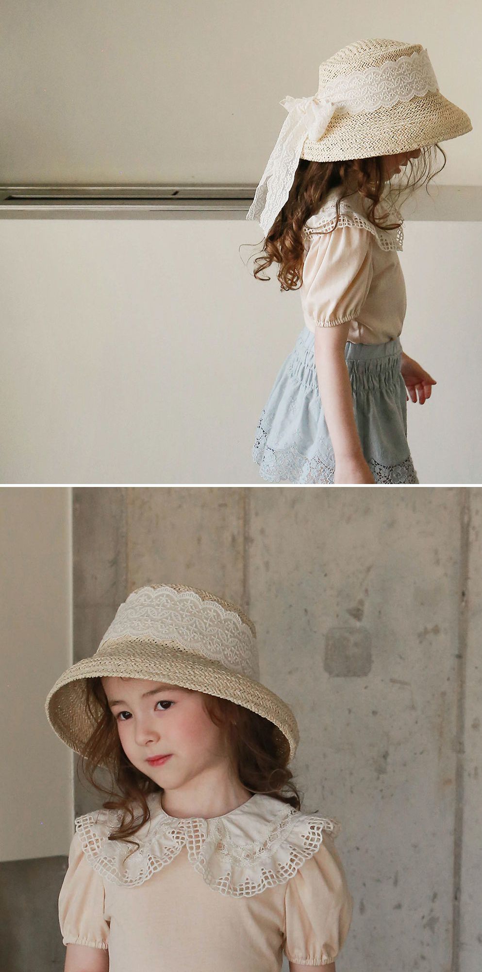 韓國 PuellaFLO - 波浪花朵蕾絲蝴蝶結草帽 (3-7Y適用)