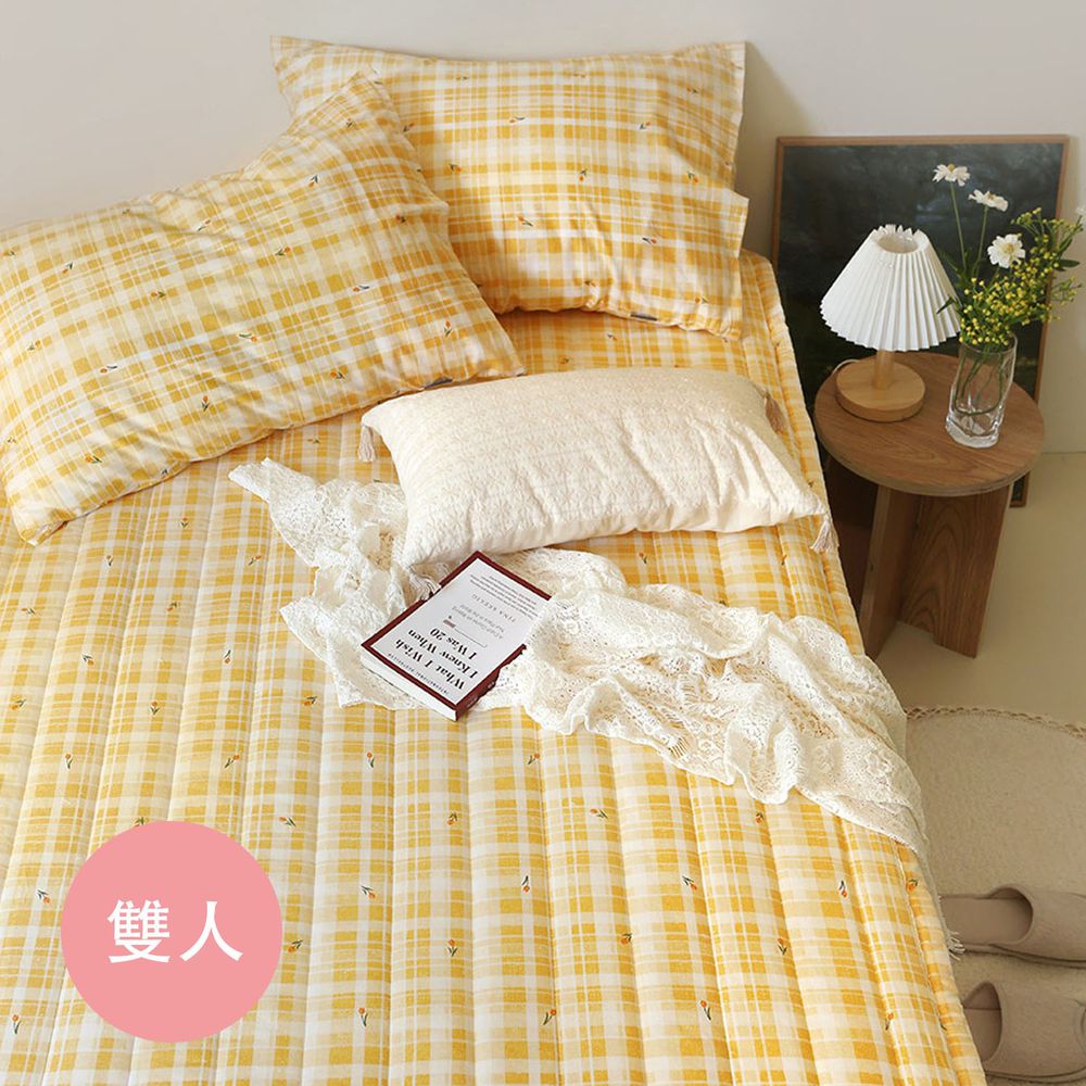 韓國 Prielle - 純棉3層防水墊/保潔墊-黃色格紋 (Q(150X200cm)-雙人床)