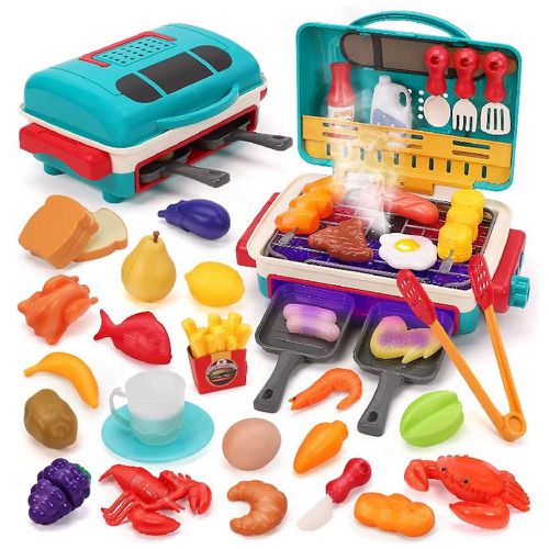 CuteStone - 兒童廚房玩具聲光燒烤爐與切切樂套裝組合37件組