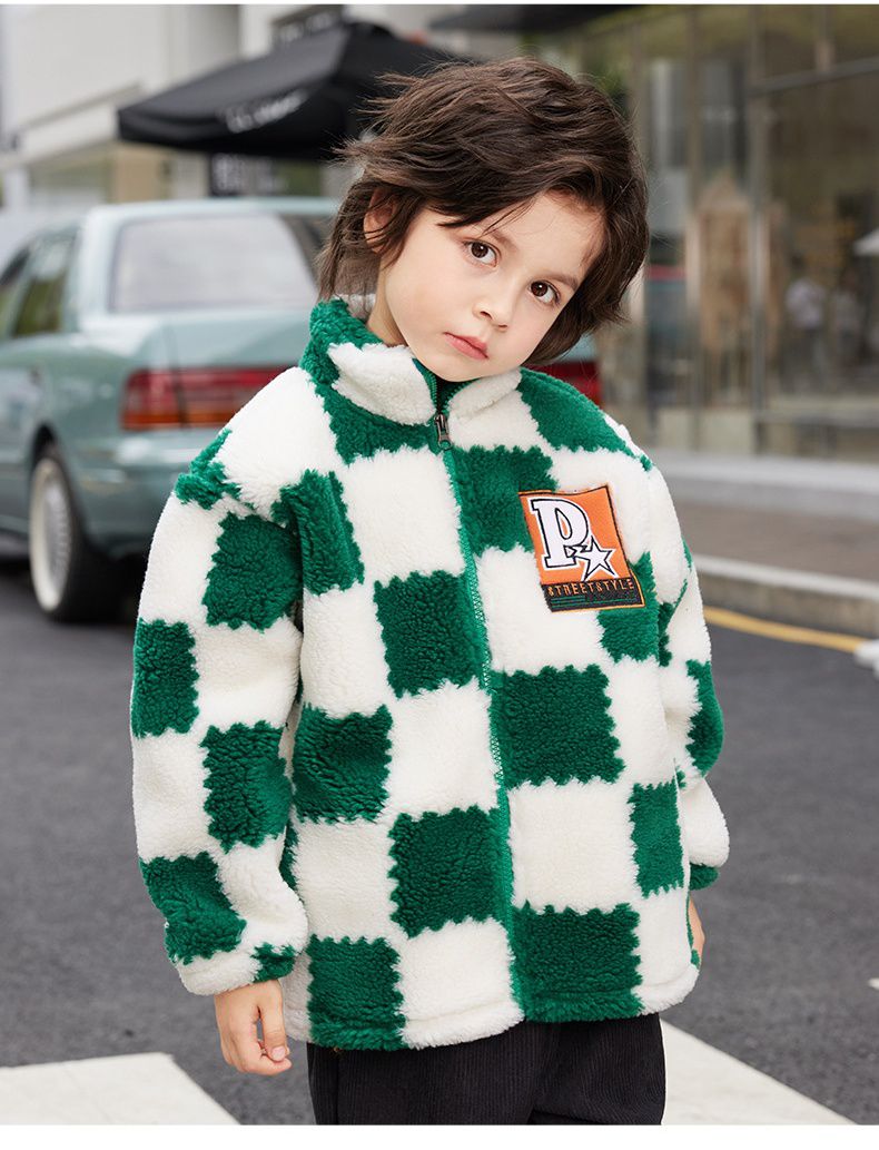 羊羔絨兒童保暖外套-帥氣格紋-綠色