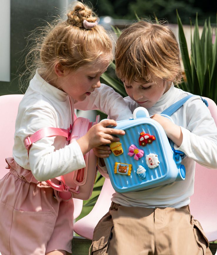 卡通DIY可拆式兒童後背包/小方包-珍珠奶茶+車車-綠色 (20.8x9.9x21.2cm)