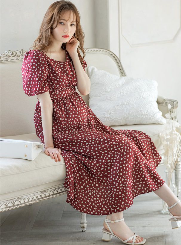 日本 GRL - 櫻桃點點V領復古泡泡短袖洋裝-黑