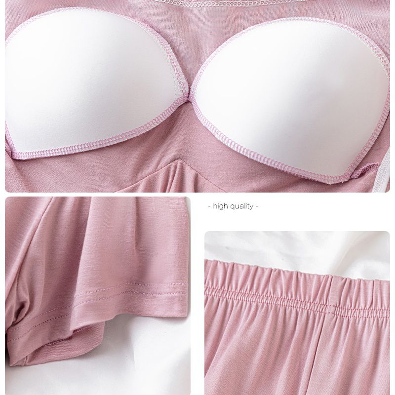 V領莫代爾Bra T短袖家居服套裝-短袖+短褲-紫粉色