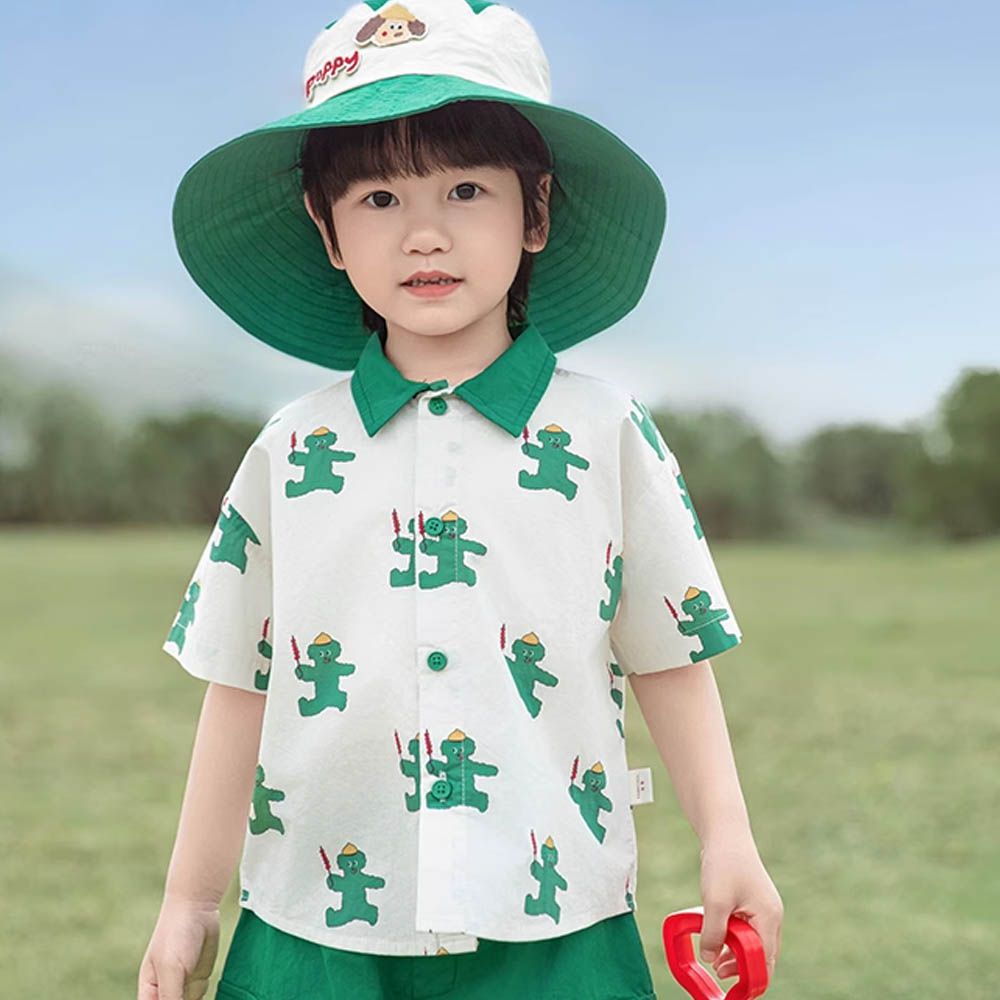 純棉撞色翻領短袖襯衫-童趣卡通-綠色