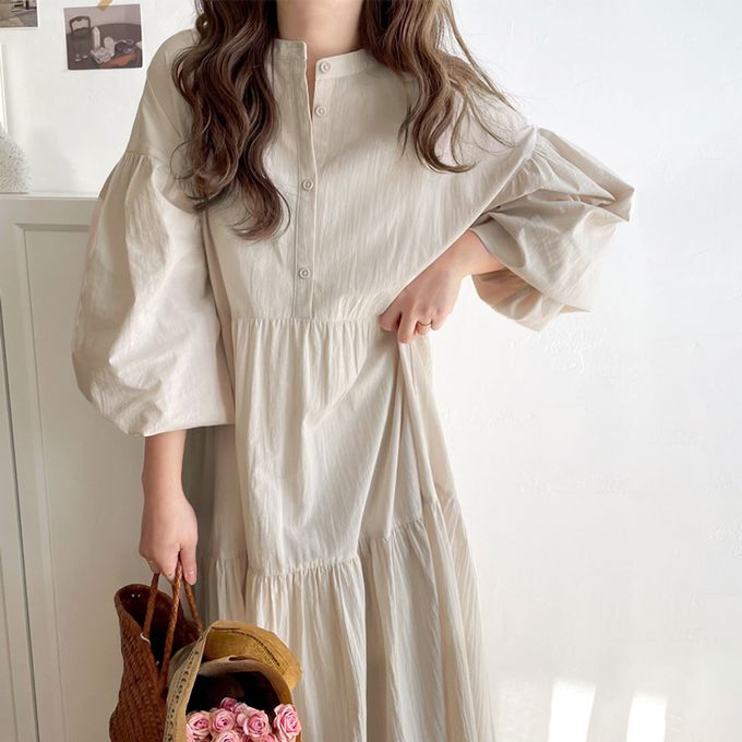 日本 Classical Elf - 百搭分層襯衫領大寬袖洋裝-黑