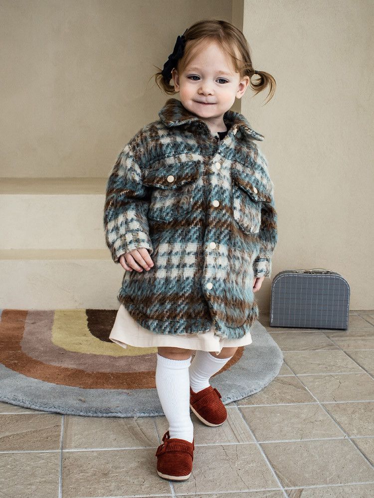 韓國Pimpollo - 藍格紋襯衫型保暖外套-棕